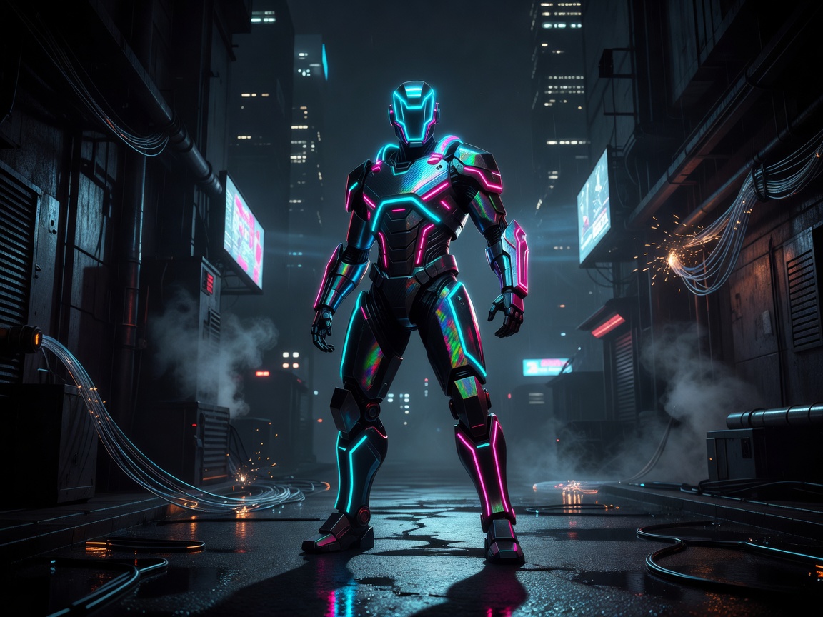 Pelihahmon futuristinen taisteluvarustus ja neonvalot