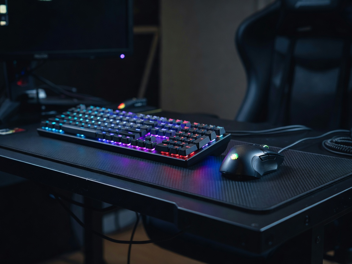 Pelihiiri ja mekaaninen RGB-näppäimistö taktisessa pelipisteessä